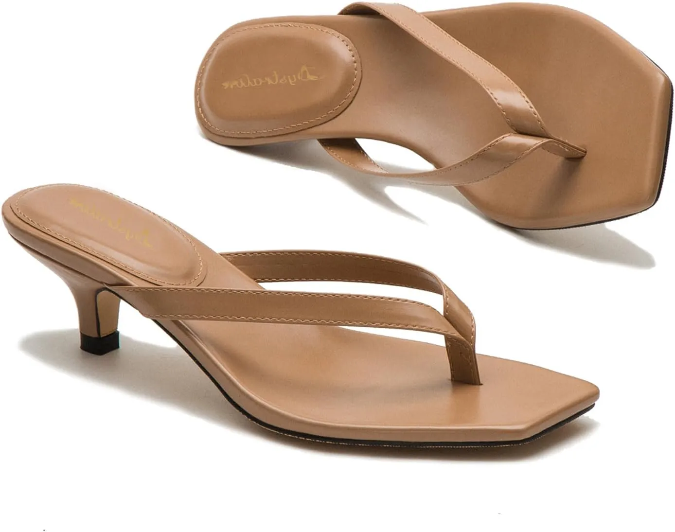 Women Flip-Flops Mules Kitten Heels Square Toe Thong Sandals Matte Comfy 1 inch Low Heel Slippers T-Straps Open Toe Outdoor Beach Summer Slip On Sandal Heels Basic Chic 4-11 M US