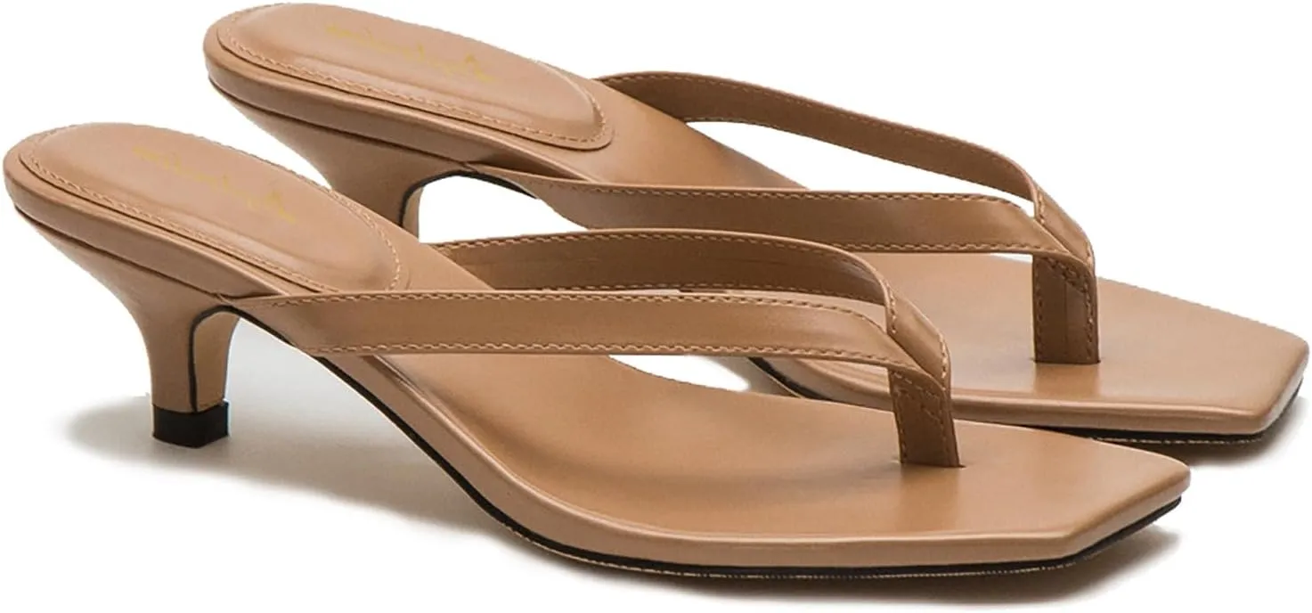 Women Flip-Flops Mules Kitten Heels Square Toe Thong Sandals Matte Comfy 1 inch Low Heel Slippers T-Straps Open Toe Outdoor Beach Summer Slip On Sandal Heels Basic Chic 4-11 M US