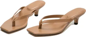 Women Flip-Flops Mules Kitten Heels Square Toe Thong Sandals Matte Comfy 1 inch Low Heel Slippers T-Straps Open Toe Outdoor Beach Summer Slip On Sandal Heels Basic Chic 4-11 M US