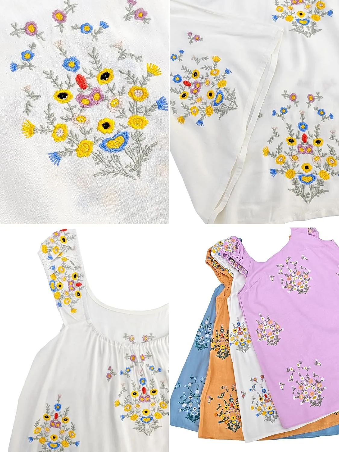 Women Floral Embroidered Linen Short Dress Boho Summer Babydoll Dress Sleeveless Cotton Beach Mini Sundresses
