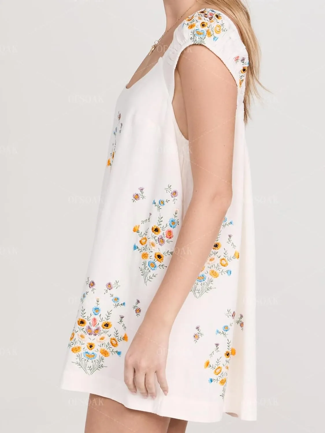 Women Floral Embroidered Linen Short Dress Boho Summer Babydoll Dress Sleeveless Cotton Beach Mini Sundresses
