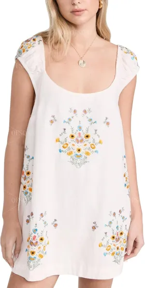 Women Floral Embroidered Linen Short Dress Boho Summer Babydoll Dress Sleeveless Cotton Beach Mini Sundresses