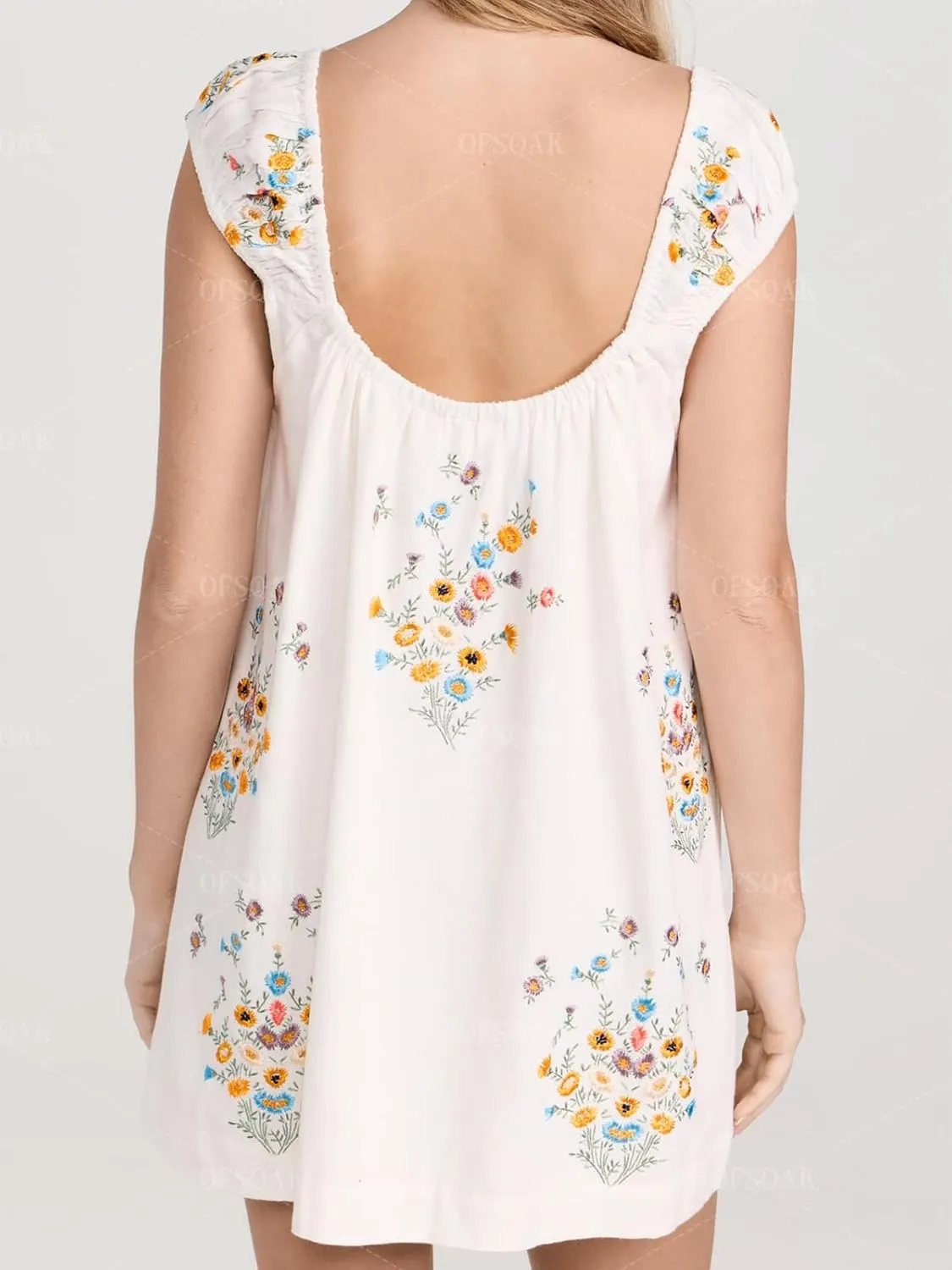 Women Floral Embroidered Linen Short Dress Boho Summer Babydoll Dress Sleeveless Cotton Beach Mini Sundresses
