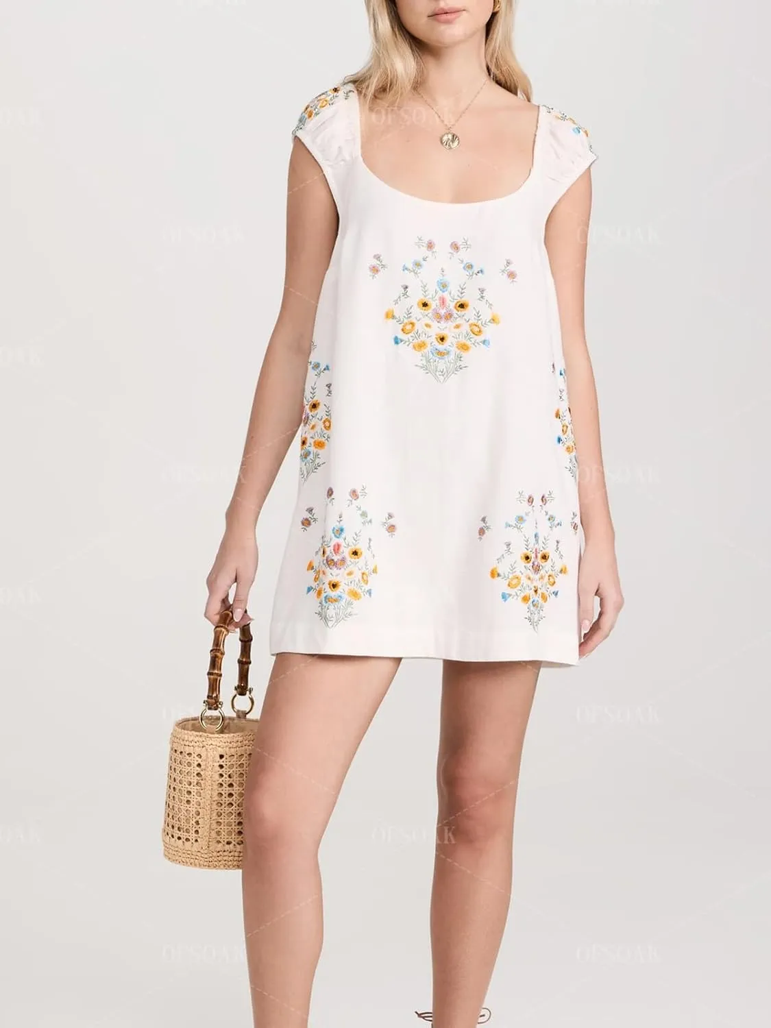 Women Floral Embroidered Linen Short Dress Boho Summer Babydoll Dress Sleeveless Cotton Beach Mini Sundresses