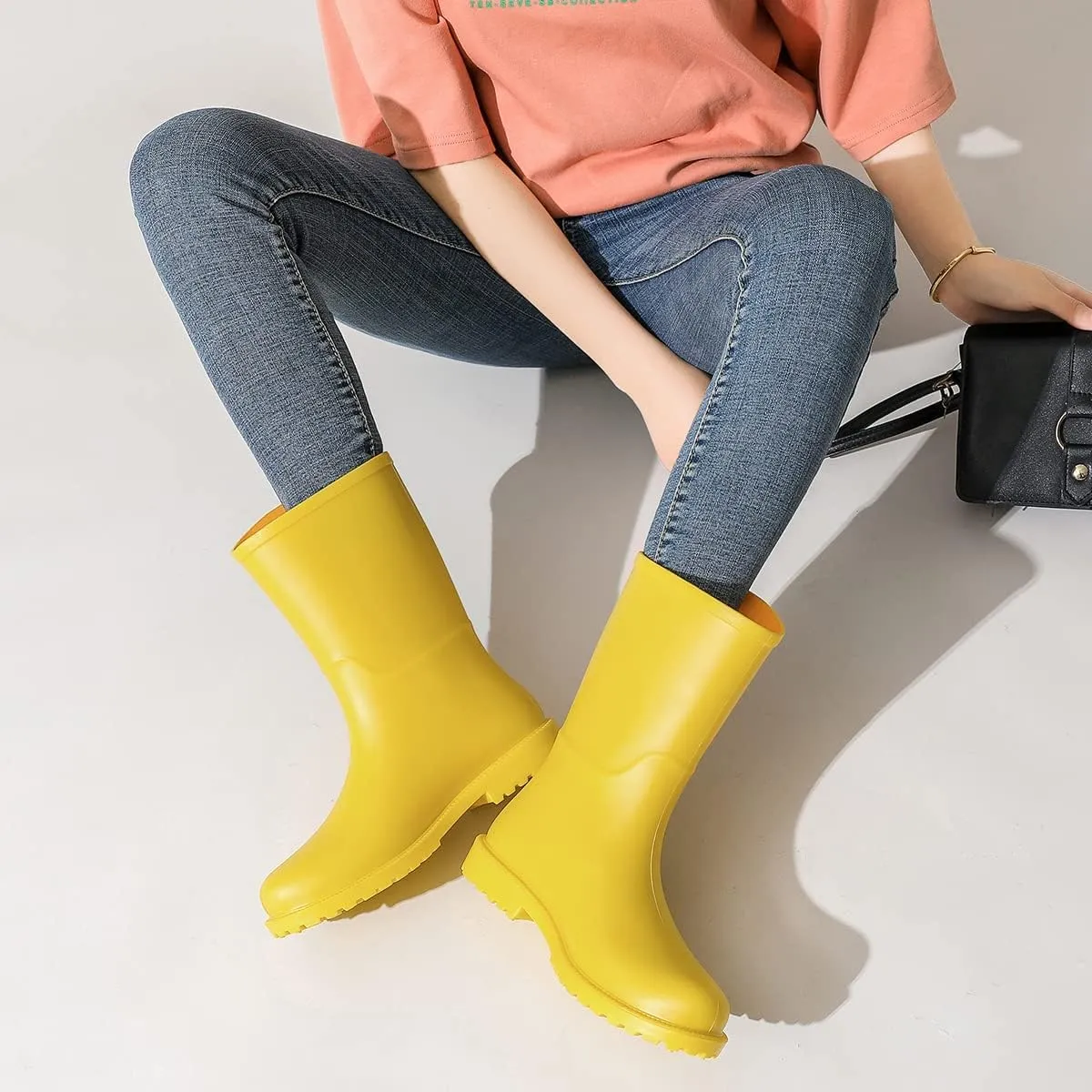 women mid calf rain boots Waterproof Garden Shoes Anti-Slipping Fashion Rubber Out Work rain Shoes