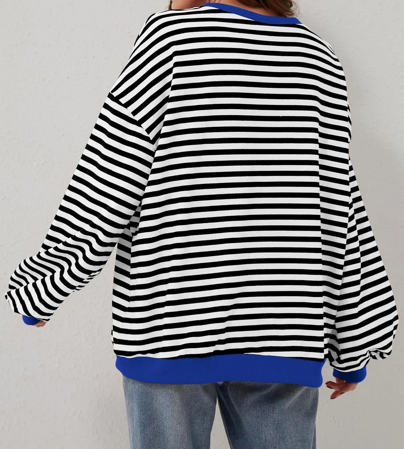 Women Oversized Striped Long Sleeve Sweatshirt Casual Crew Neck Drop Shoulder Relaxed Fit Pullover Shirt Top
