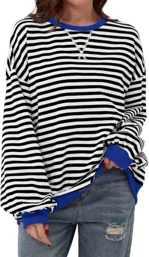 Women Oversized Striped Long Sleeve Sweatshirt Casual Crew Neck Drop Shoulder Relaxed Fit Pullover Shirt Top