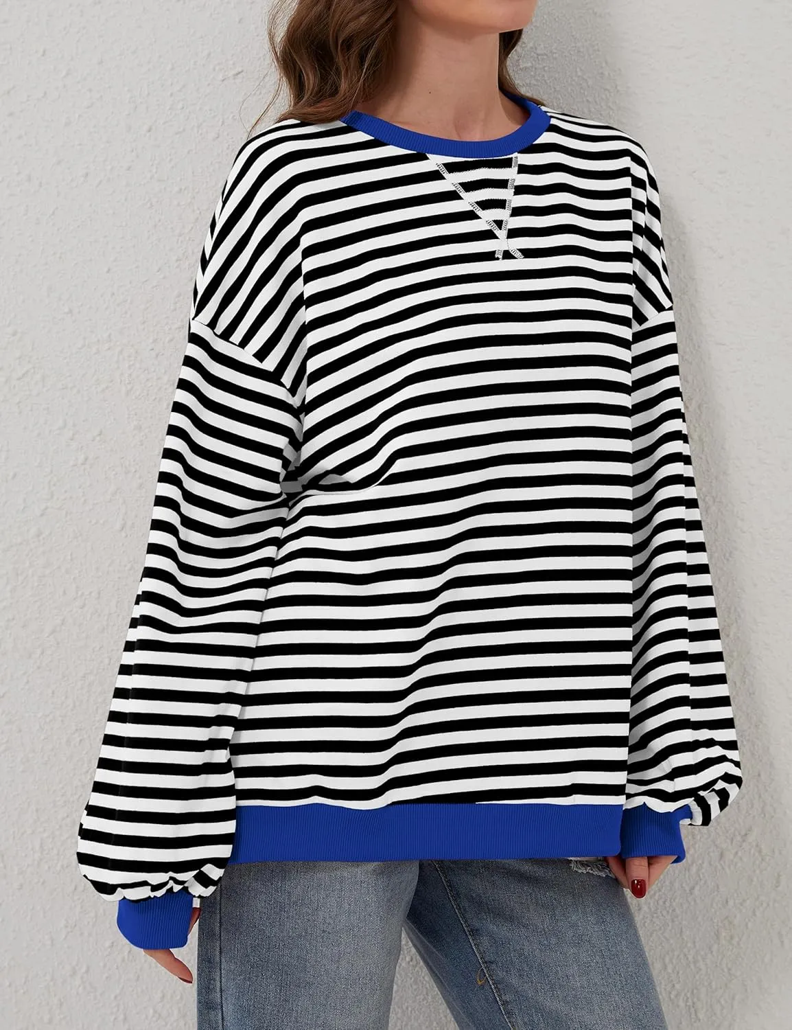 Women Oversized Striped Long Sleeve Sweatshirt Casual Crew Neck Drop Shoulder Relaxed Fit Pullover Shirt Top