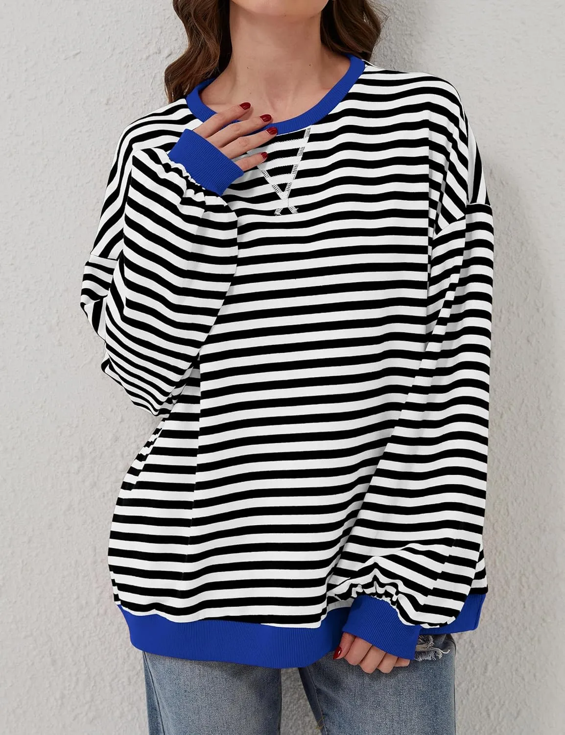 Women Oversized Striped Long Sleeve Sweatshirt Casual Crew Neck Drop Shoulder Relaxed Fit Pullover Shirt Top