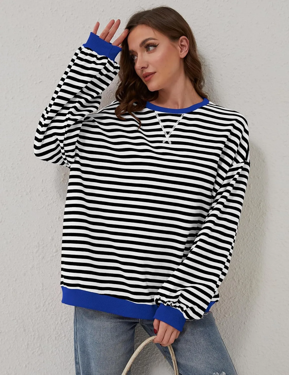 Women Oversized Striped Long Sleeve Sweatshirt Casual Crew Neck Drop Shoulder Relaxed Fit Pullover Shirt Top