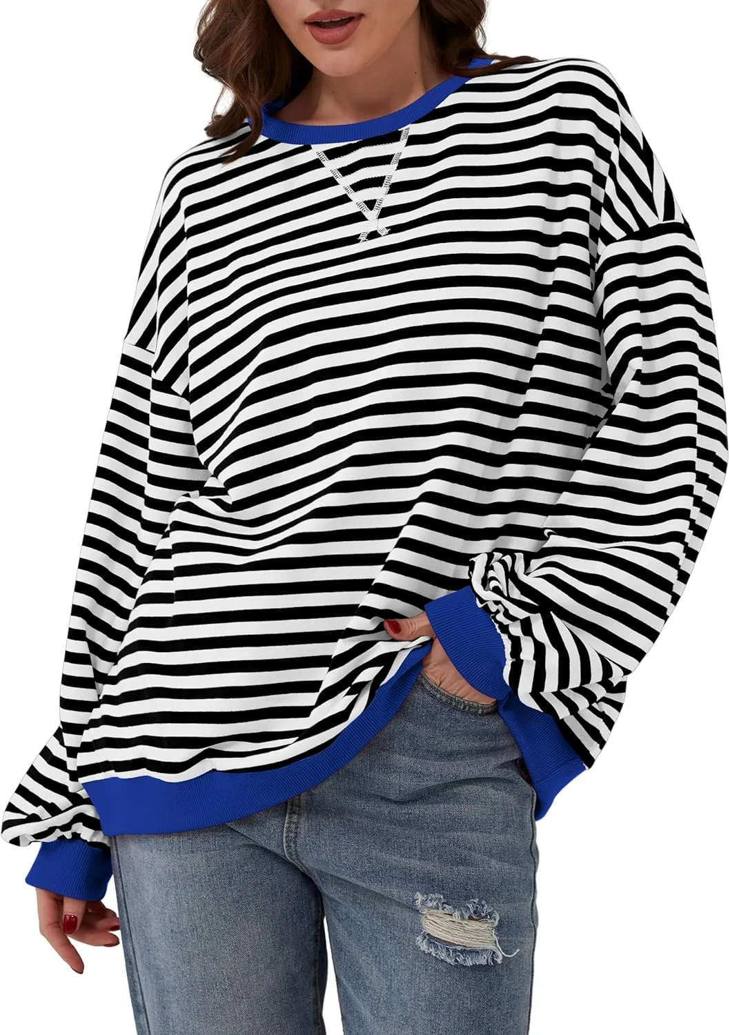 Women Oversized Striped Long Sleeve Sweatshirt Casual Crew Neck Drop Shoulder Relaxed Fit Pullover Shirt Top