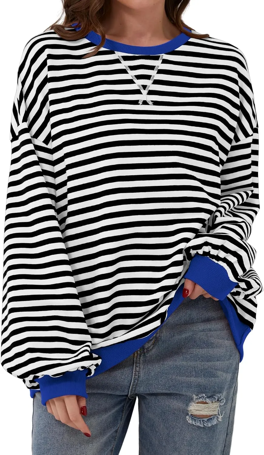 Women Oversized Striped Long Sleeve Sweatshirt Casual Crew Neck Drop Shoulder Relaxed Fit Pullover Shirt Top
