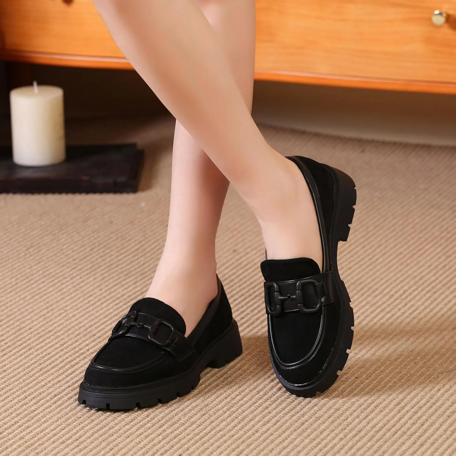 Women Penny Loafers Casual Hollow Out Slip On Chunky Platform Loafers Work Shopping Travel Shoes