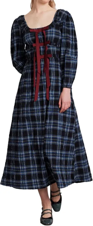 Women Plaid Long Dress Lantern Sleeve Square Neck Maxi Dress with Bow Tie Cottagecore Flowy Fall Dresses
