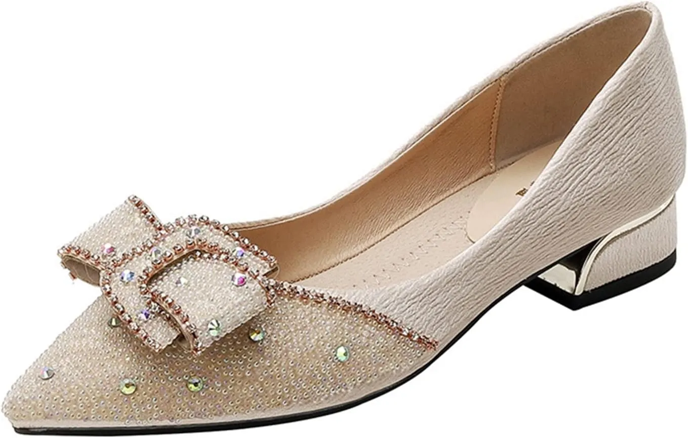 Women Rhinestone Pointed Toe Dress Shoes Slip On Glitter Fashion Low Chunky Heel Party Wedding Pumps