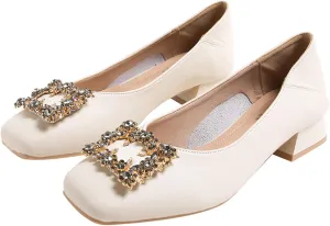 Women Rhinestone Square Buckle Pumps Closed Toe Casual Low Block Heel Slip On Office Dress Shoes