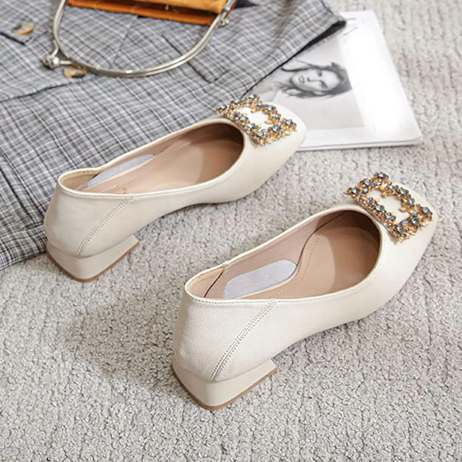 Women Rhinestone Square Buckle Pumps Closed Toe Casual Low Block Heel Slip On Office Dress Shoes