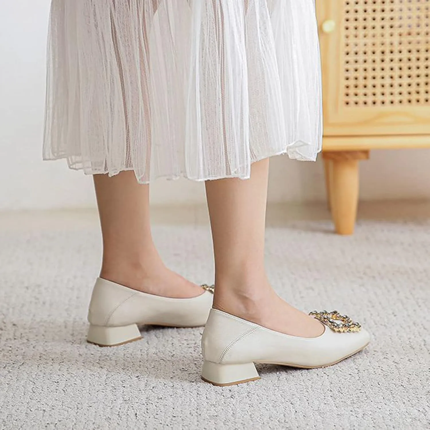 Women Rhinestone Square Buckle Pumps Closed Toe Casual Low Block Heel Slip On Office Dress Shoes