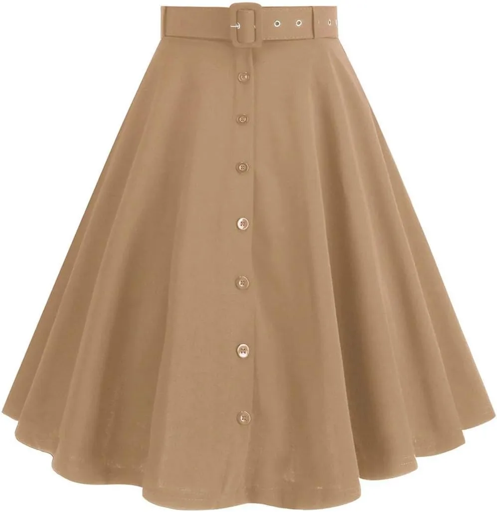 Women Single Breasted High Waist Loose Skirt Summer Vintage Solid Elegant A-Line Skirts