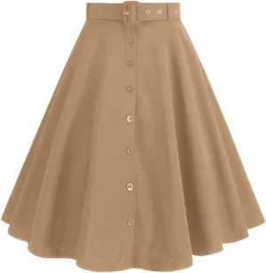 Women Single Breasted High Waist Loose Skirt Summer Vintage Solid Elegant A-Line Skirts