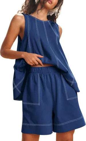 Women Summer 2 Piece Outfits Flowy Sleeveless Tunic Tops Loose Shorts Sets 2025 Lounge Resort Wear Matching Clothes