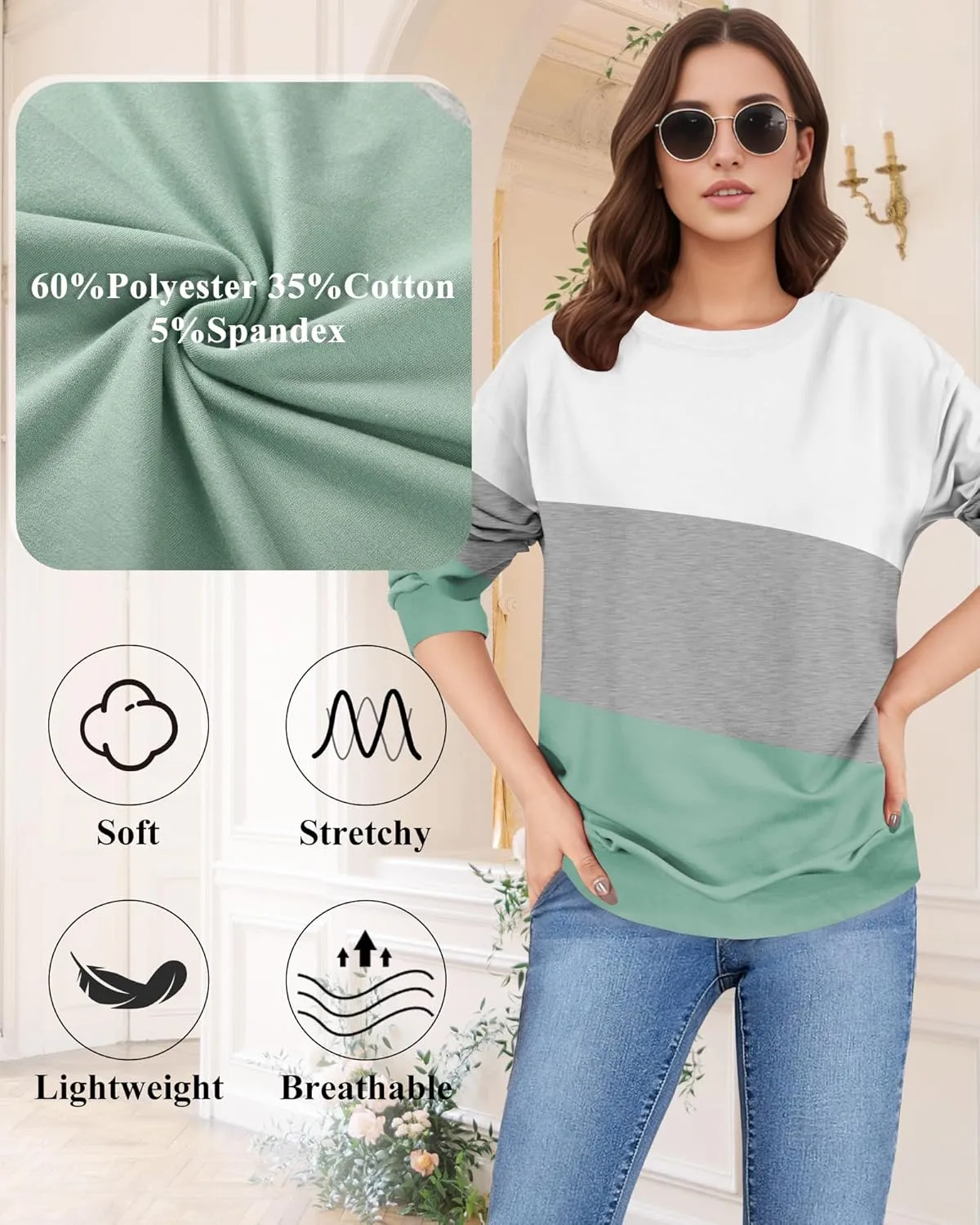 Women Sweatshirt, Casual Crewneck Sweatshirts for Women Loose Fit Long Sleeve Pullover Tops Cute Soft Shirt
