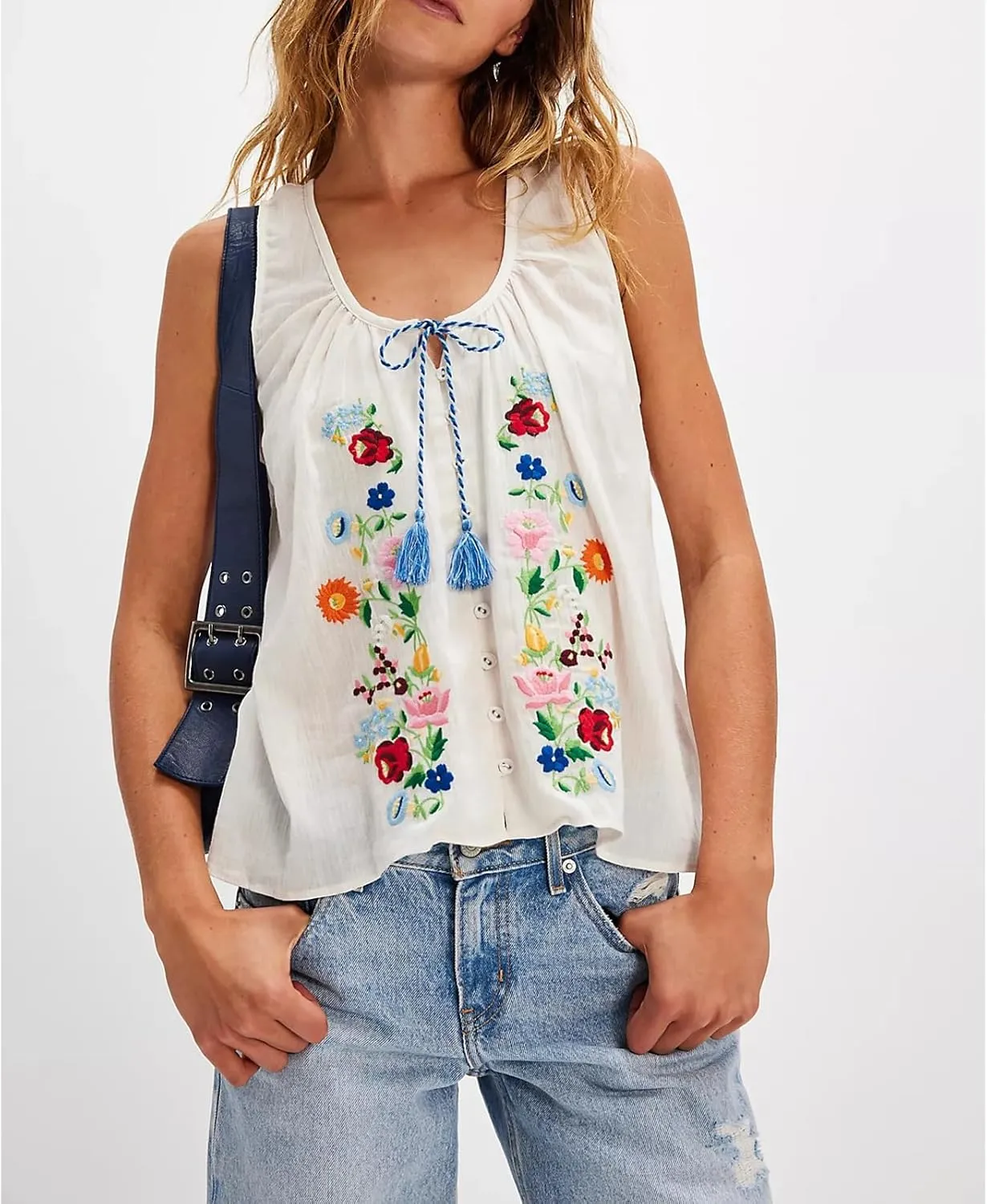 Women Tie Front Embroidered Floral Tank Crop Top Y2k Button Up Sleeveless Shirt Vest Going Out Camisole