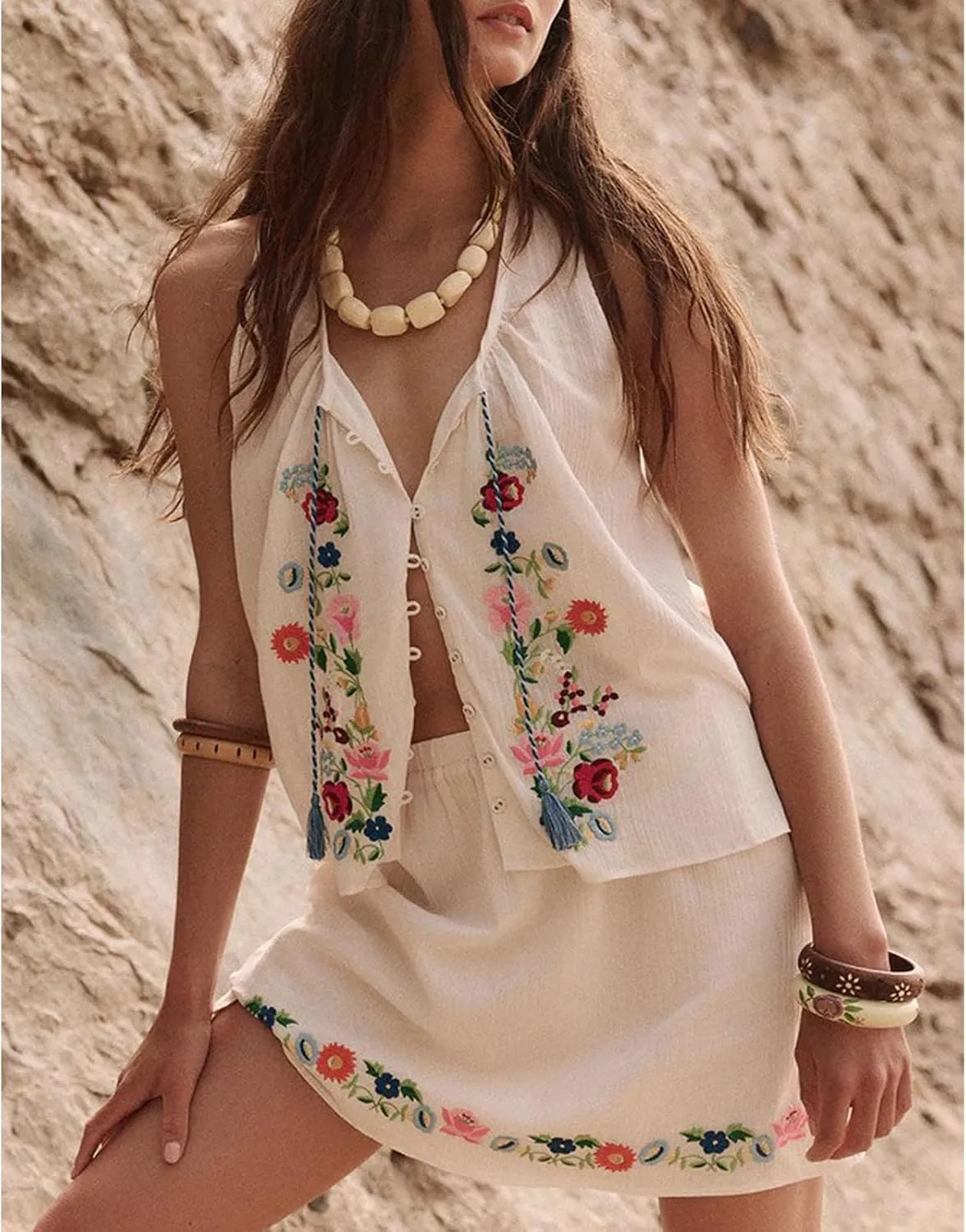 Women Tie Front Embroidered Floral Tank Crop Top Y2k Button Up Sleeveless Shirt Vest Going Out Camisole