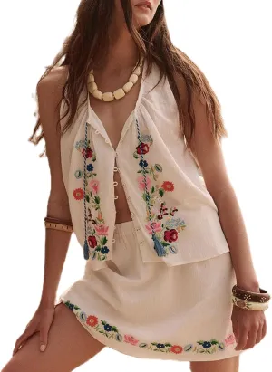 Women Tie Front Embroidered Floral Tank Crop Top Y2k Button Up Sleeveless Shirt Vest Going Out Camisole