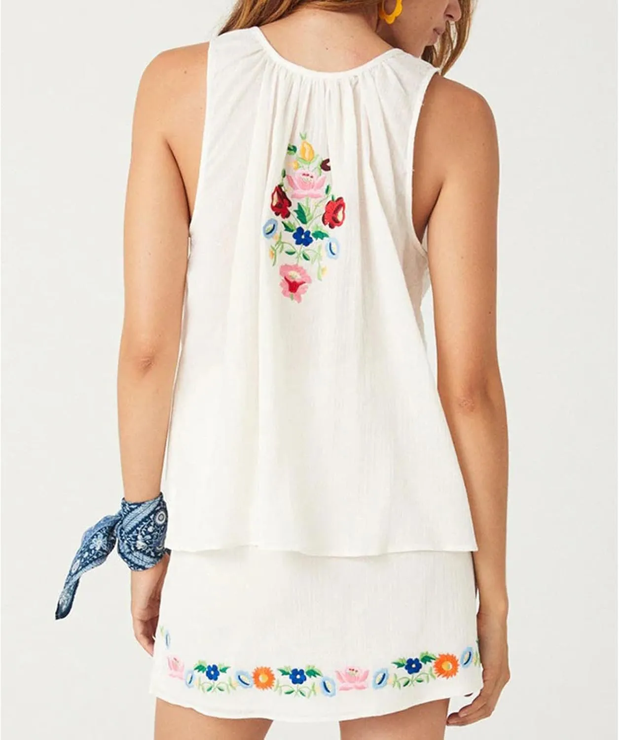 Women Tie Front Embroidered Floral Tank Crop Top Y2k Button Up Sleeveless Shirt Vest Going Out Camisole