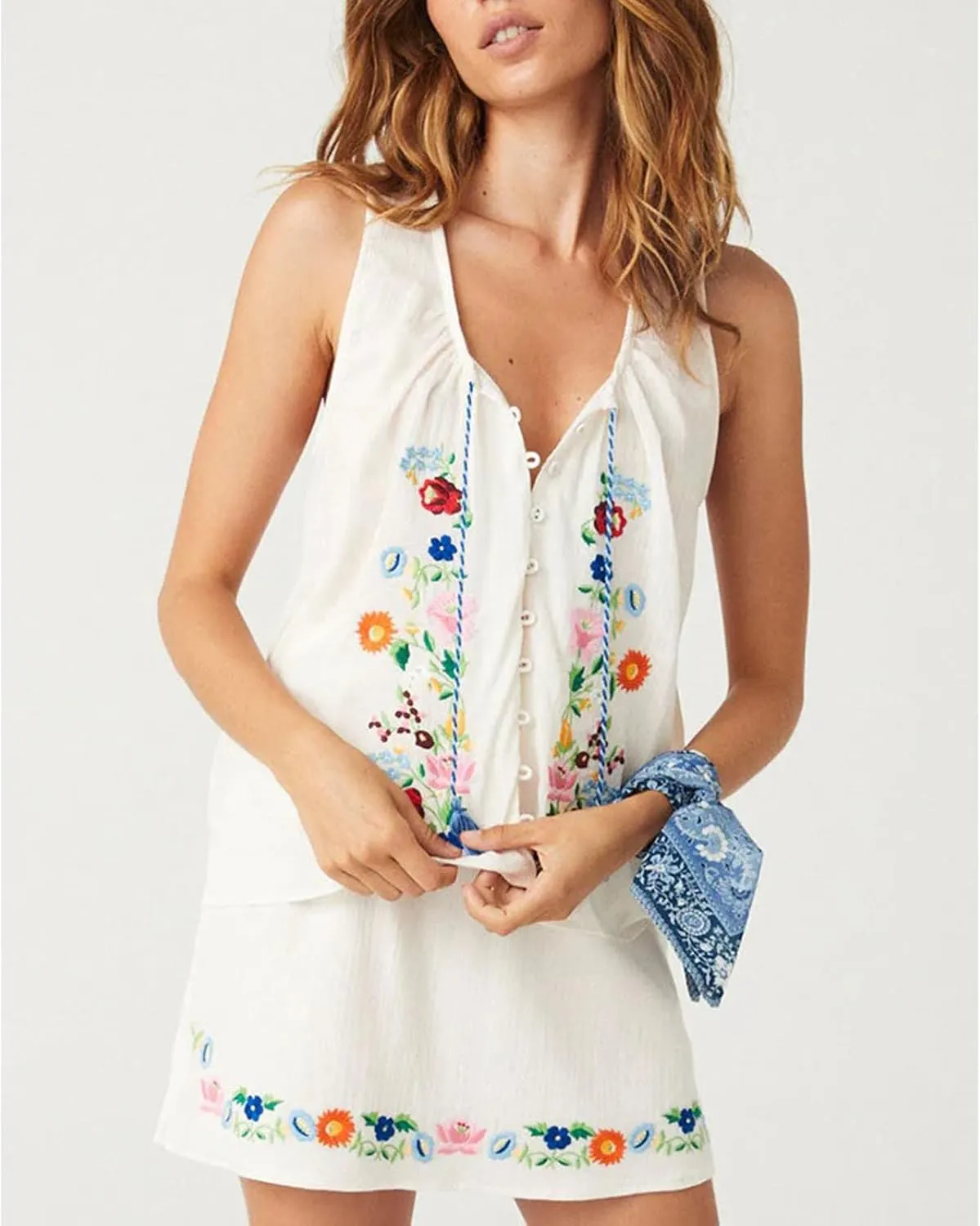 Women Tie Front Embroidered Floral Tank Crop Top Y2k Button Up Sleeveless Shirt Vest Going Out Camisole
