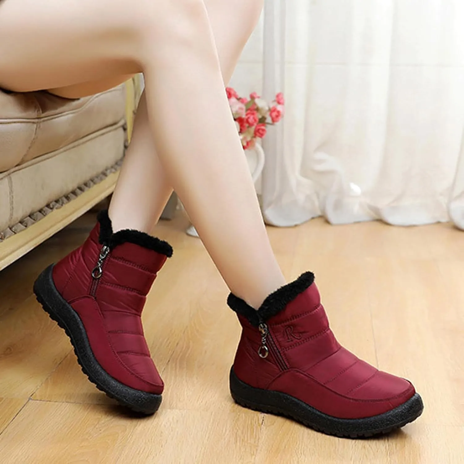 Women Winter Snow Boots Fleece Lined Walking Booties Fashion Flat Bootie Non Slip Outdoor Ankle Short Boot Lightweight Winter Shoes