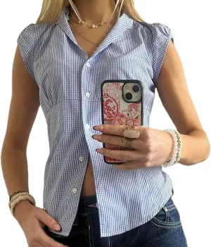 Women Y2k Coquette Button Down Shirt Cute Button Up Cap Sleeve V Neck Preppy Slim Fit Summer 90s Crop Top Blouse