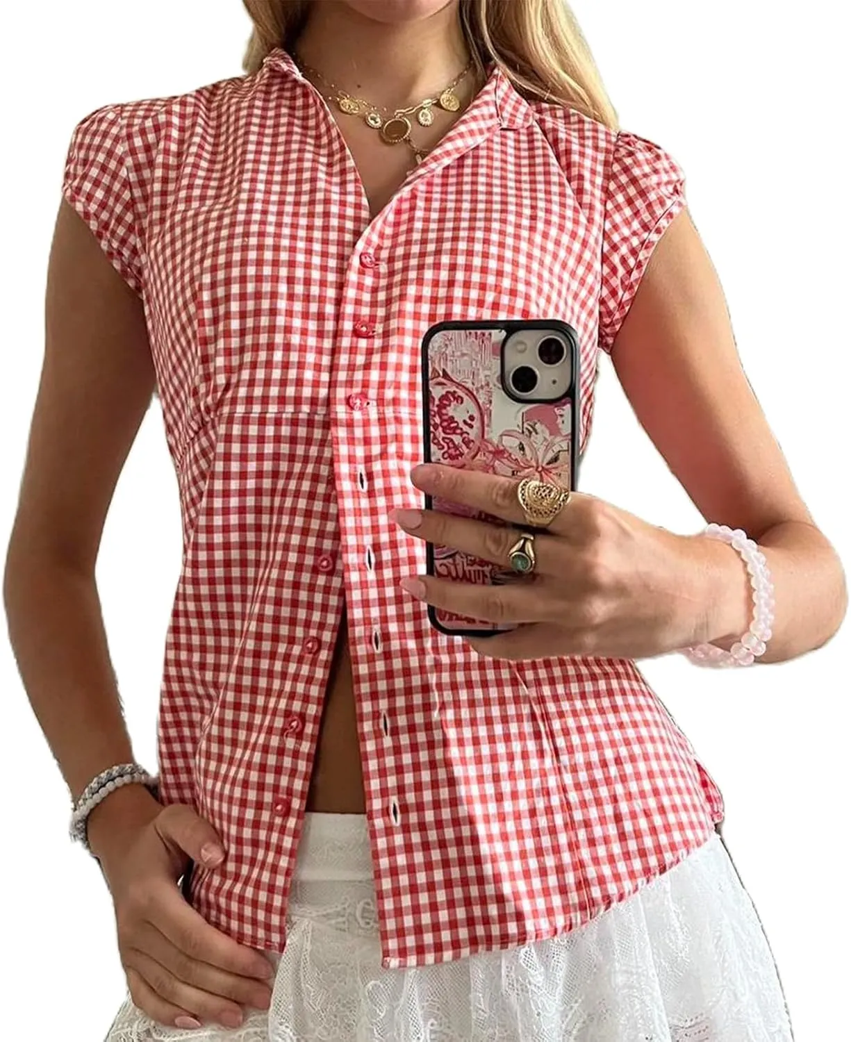 Women Y2k Coquette Button Down Shirt Cute Button Up Cap Sleeve V Neck Preppy Slim Fit Summer 90s Crop Top Blouse