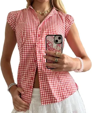 Women Y2k Coquette Button Down Shirt Cute Button Up Cap Sleeve V Neck Preppy Slim Fit Summer 90s Crop Top Blouse