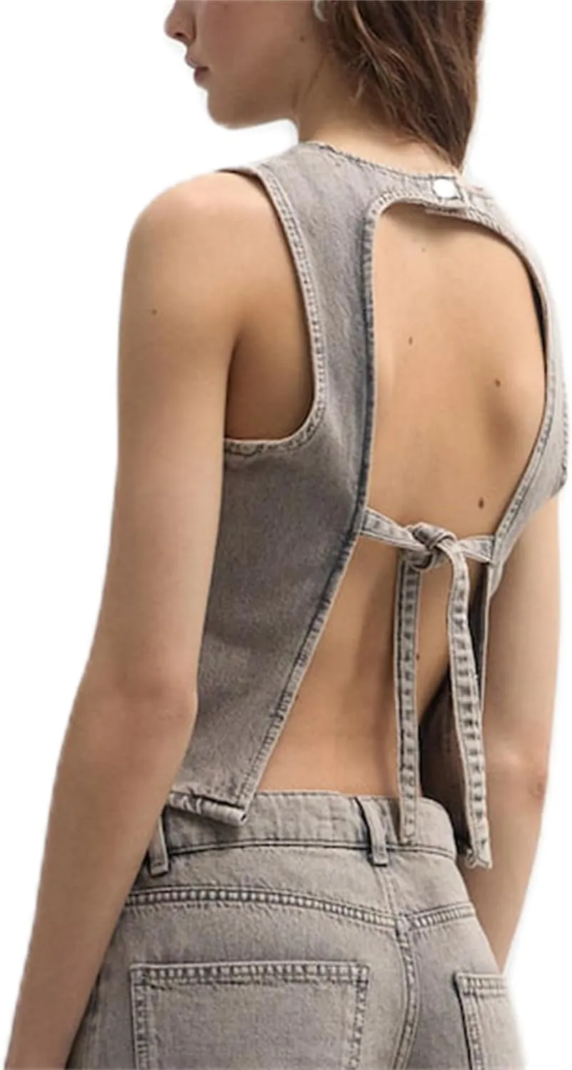 Women Y2k Halter Denim Top Backless Tie Back Button Up Relaxed Fit Jean Vest Sexy Vintage Summer Going Out Tank Top
