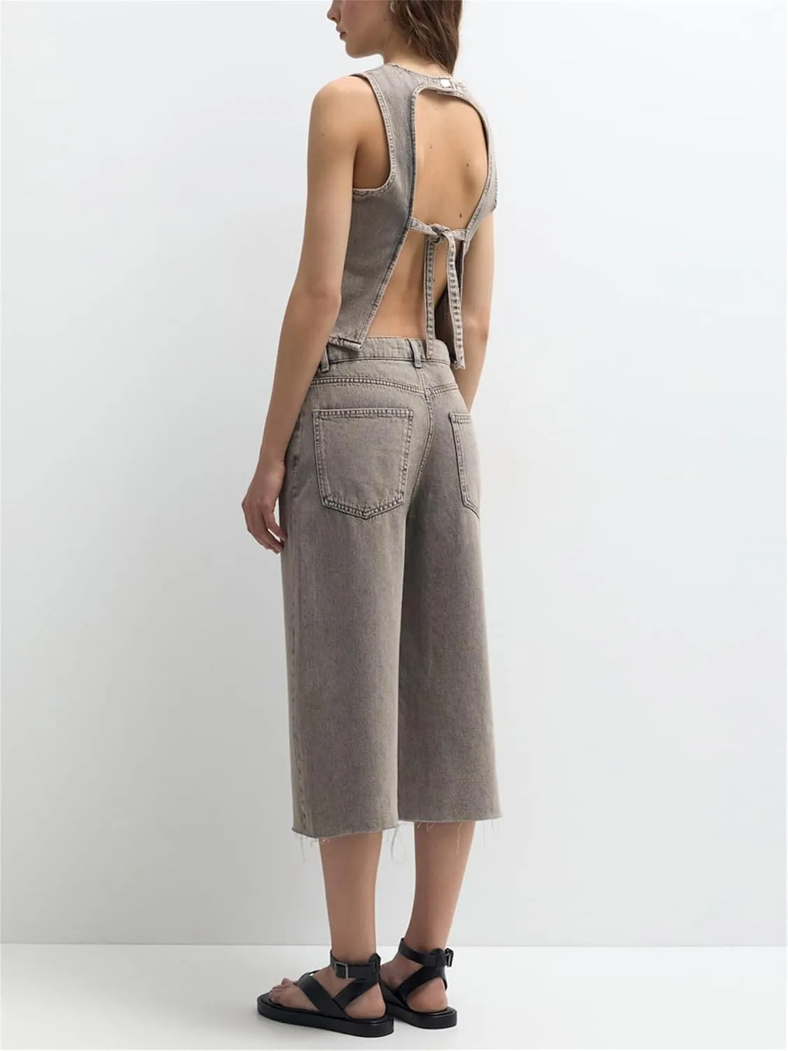 Women Y2k Halter Denim Top Backless Tie Back Button Up Relaxed Fit Jean Vest Sexy Vintage Summer Going Out Tank Top