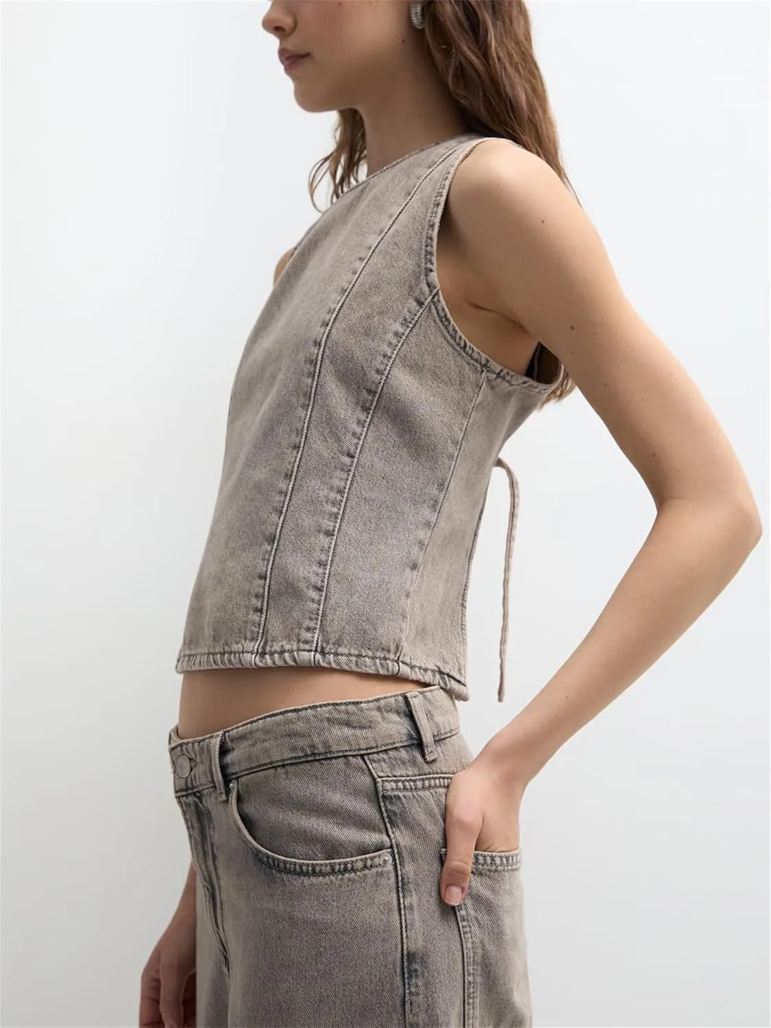 Women Y2k Halter Denim Top Backless Tie Back Button Up Relaxed Fit Jean Vest Sexy Vintage Summer Going Out Tank Top