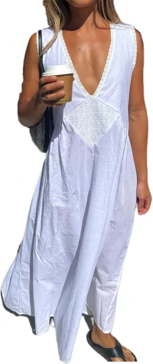 Women Y2K Solid Flowy Long Dress Cottagecore Lace Trim V Neck Sleeveless Maxi Dress Smocked Summer Beach Sundresses