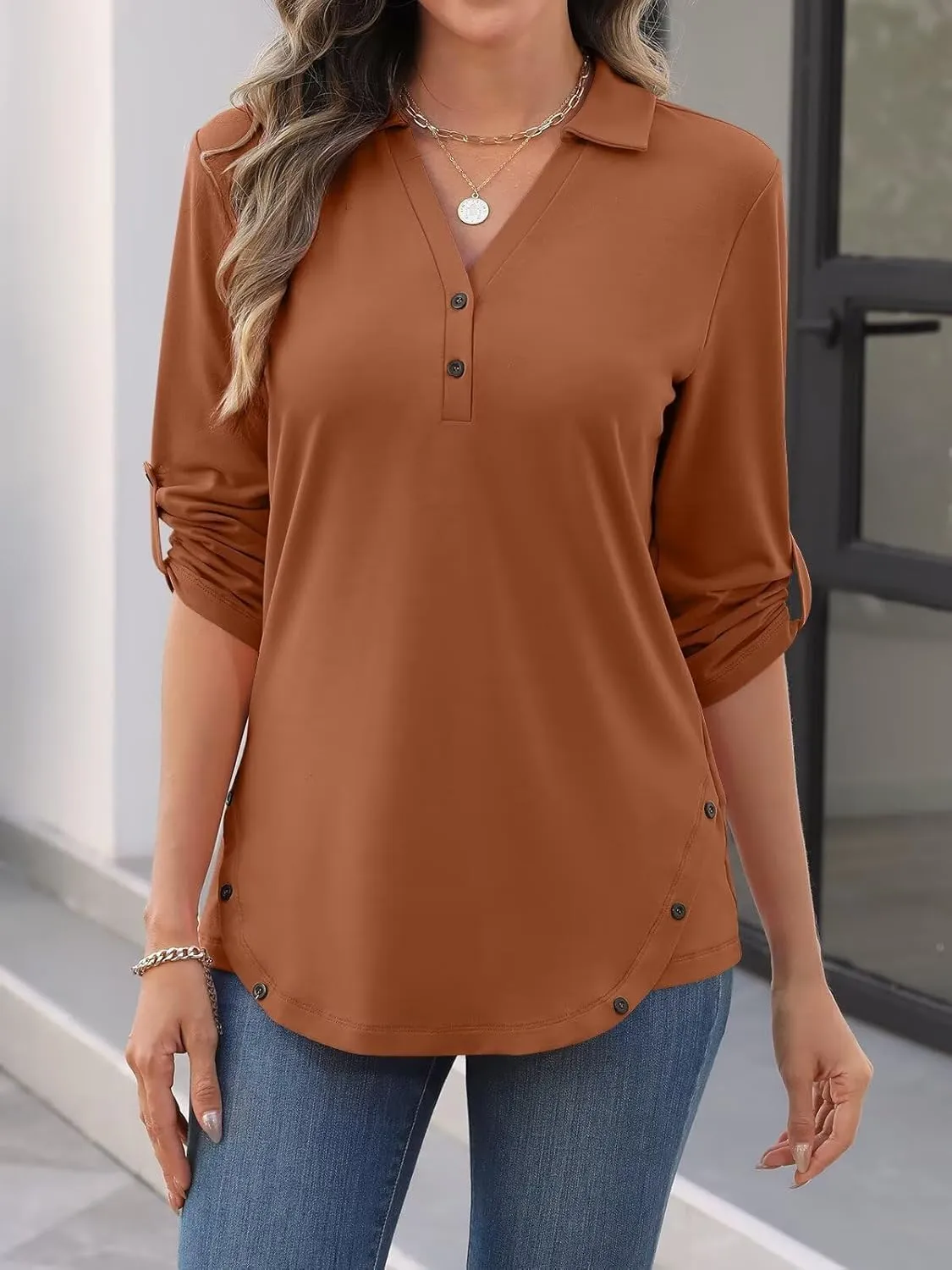 Women's 3/4 Length Rolled Sleeve Tunic Tops Collared V Neck T Shirts Both Side Buttons Blouses