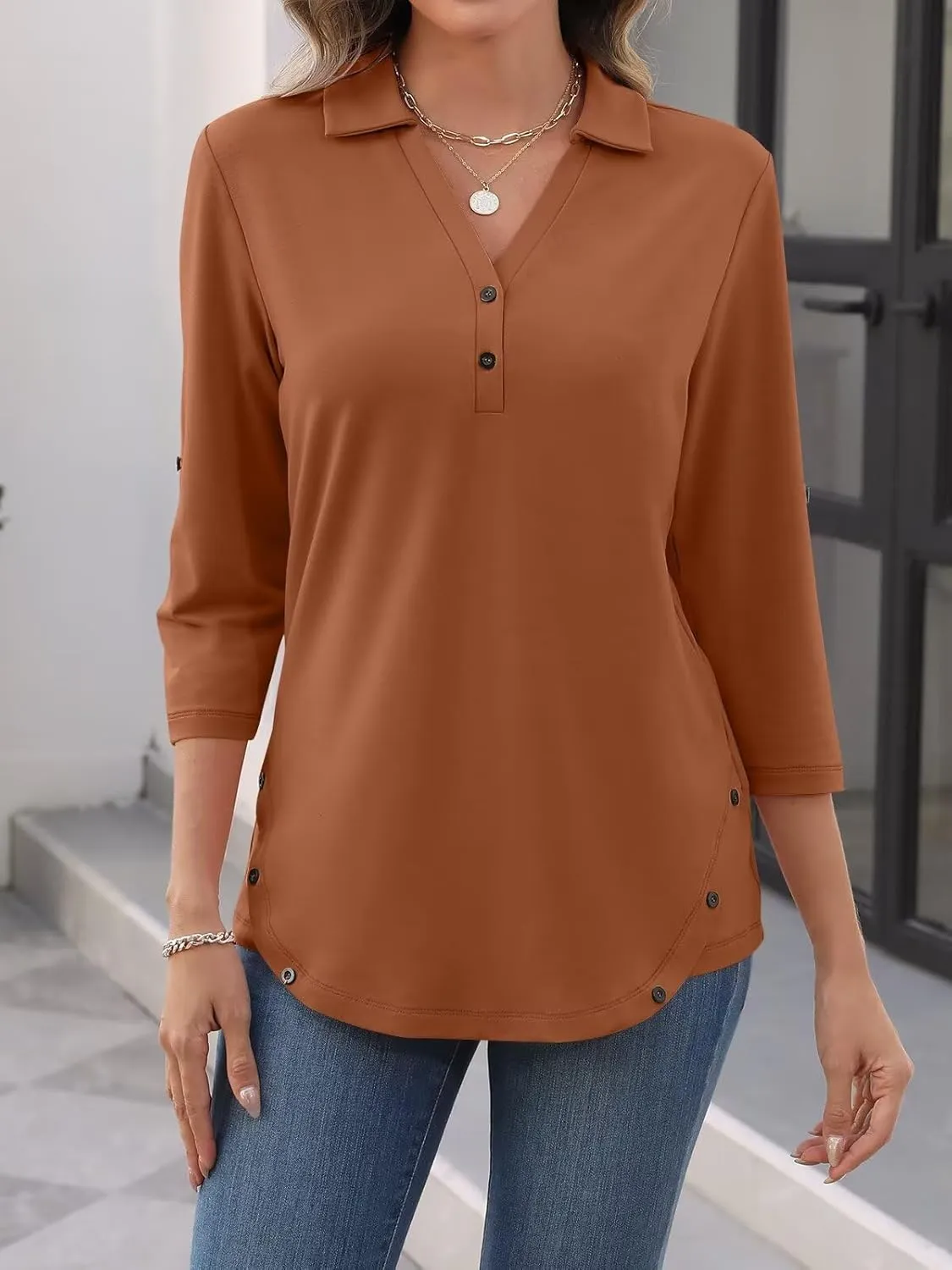 Women's 3/4 Length Rolled Sleeve Tunic Tops Collared V Neck T Shirts Both Side Buttons Blouses