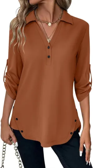 Women's 3/4 Length Rolled Sleeve Tunic Tops Collared V Neck T Shirts Both Side Buttons Blouses