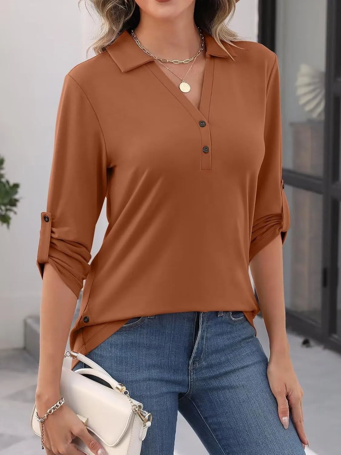 Women's 3/4 Length Rolled Sleeve Tunic Tops Collared V Neck T Shirts Both Side Buttons Blouses