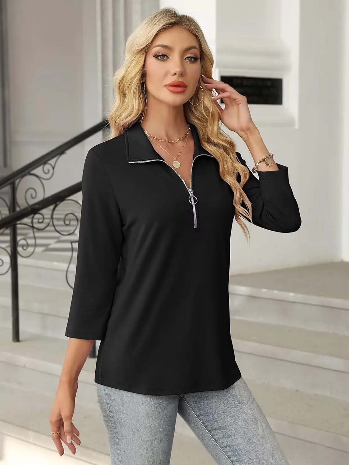 Women's 3/4 Sleeve Tops V Neck T Shirts Zipper Solid/Color Block Collared Polo Shirts