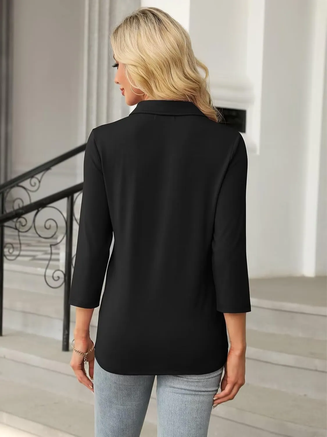 Women's 3/4 Sleeve Tops V Neck T Shirts Zipper Solid/Color Block Collared Polo Shirts