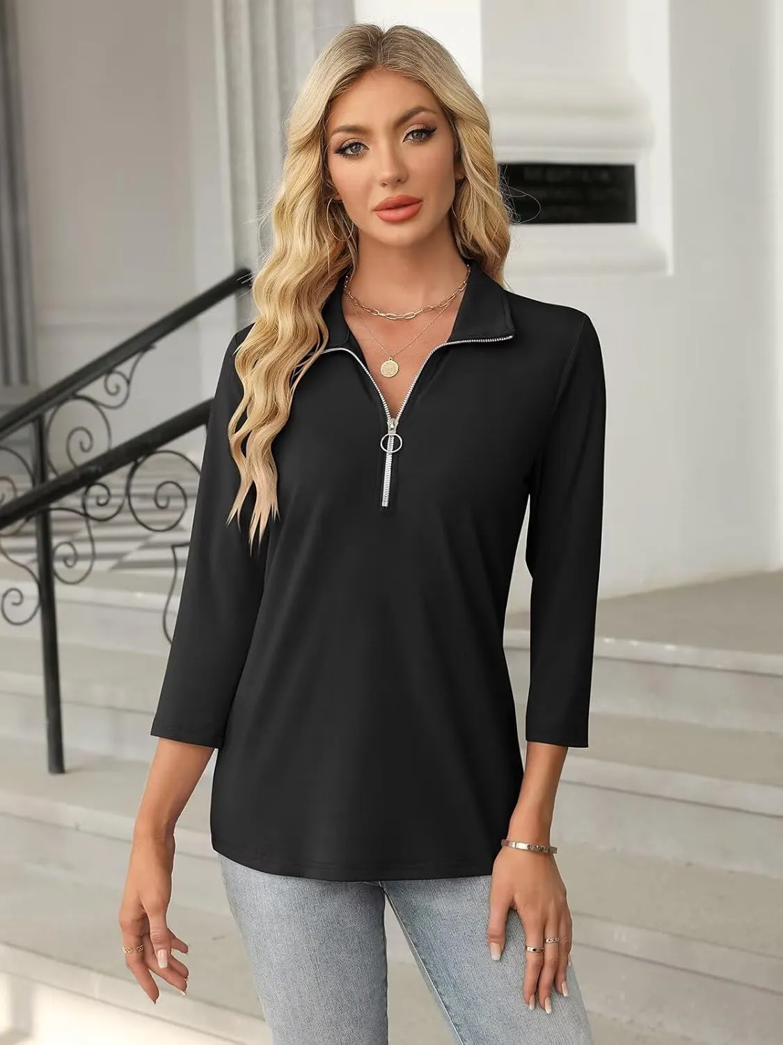 Women's 3/4 Sleeve Tops V Neck T Shirts Zipper Solid/Color Block Collared Polo Shirts