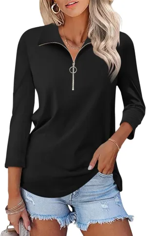 Women's 3/4 Sleeve Tops V Neck T Shirts Zipper Solid/Color Block Collared Polo Shirts