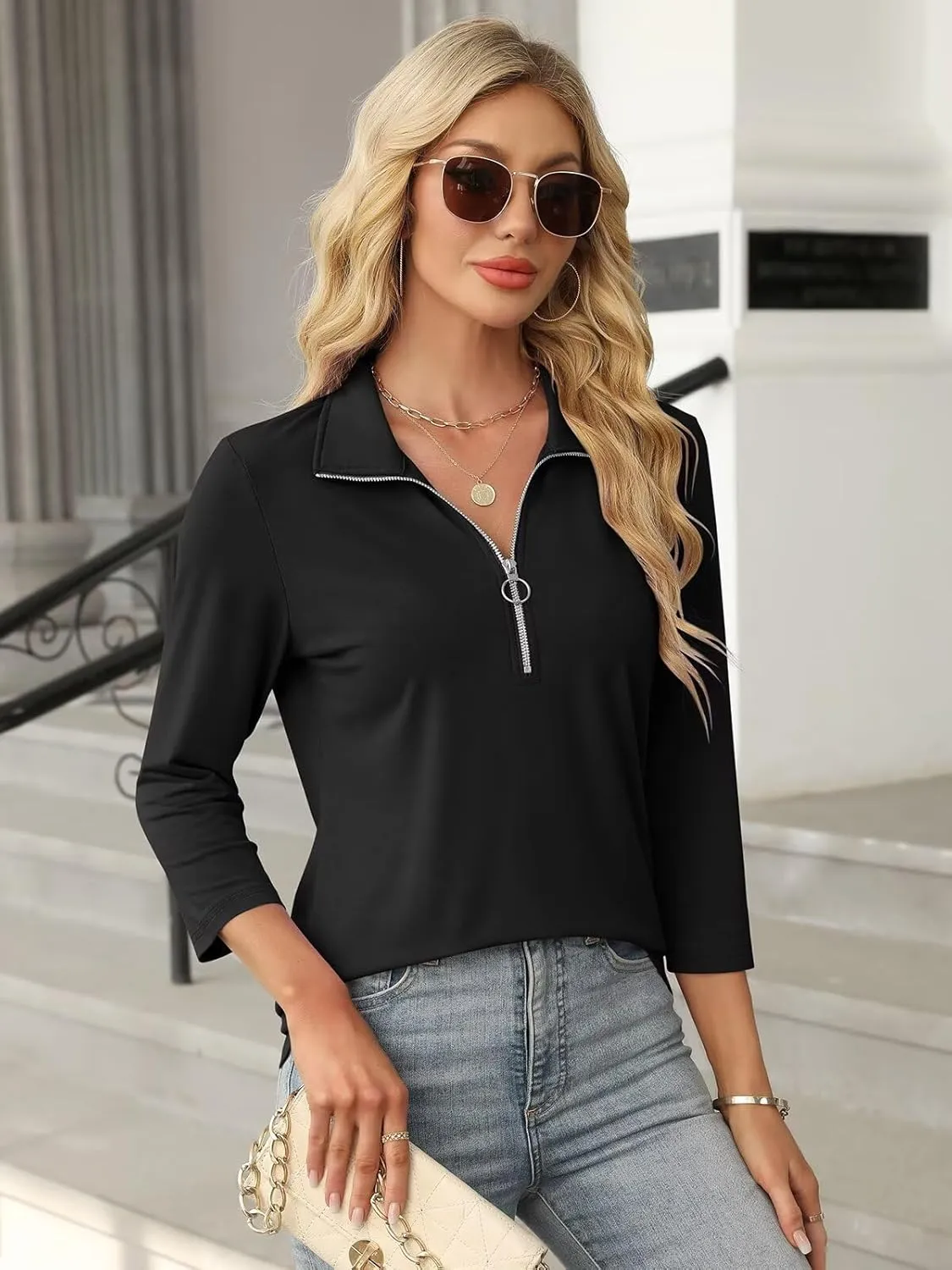 Women's 3/4 Sleeve Tops V Neck T Shirts Zipper Solid/Color Block Collared Polo Shirts