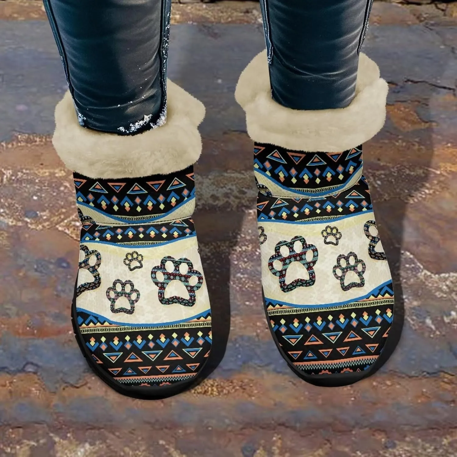 Women's Animal Print Snow Boots Winter Warm Ankle Booties Casual Anti Slip House Shoes with Fuzzy Lining