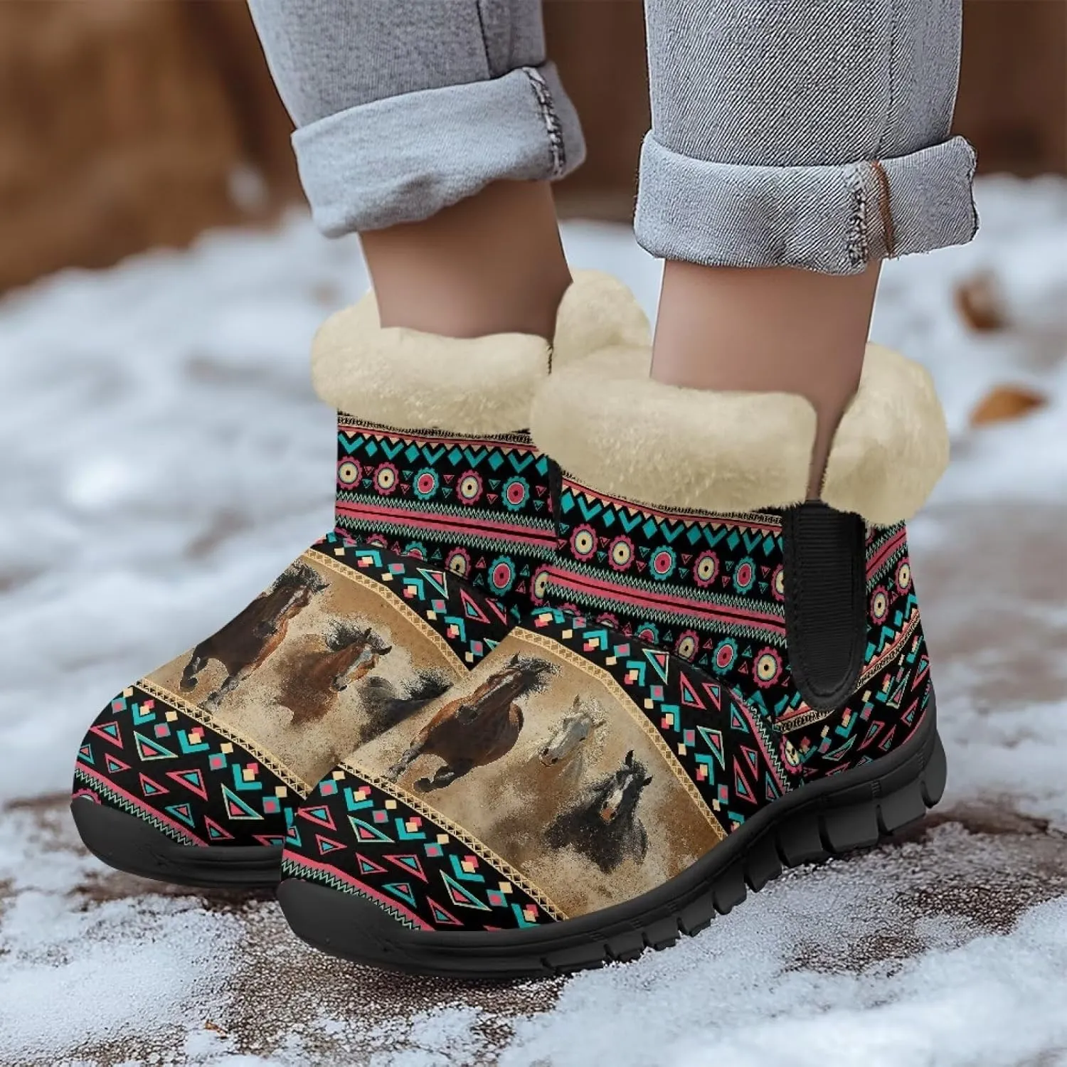 Women's Animal Print Snow Boots Winter Warm Ankle Booties Casual Anti Slip House Shoes with Fuzzy Lining